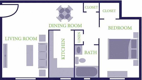 Floor plan for 1 bed, 1 bath, 532 sqft